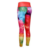 Colourful leggings in vibrant hues of red, blue, and green with a high waistband and a logo.