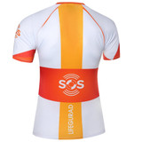 A lifeguard costume featuring vibrant orange and white colours, with a logo on the back.