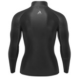A black long-sleeved rashie with a high neck and fitted design, featuring a small logo on the back.