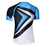 A short-sleeved, anti-chlorine PBT T-shirt featuring a blue, black, and white design with a logo.