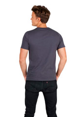 A men's slim fit T-shirt in grey, featuring a simple design and a back view of the model wearing it.