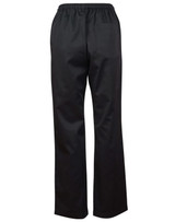 Black chef's pants with an elastic waistband and a single back pocket, featuring a logo.
