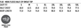 A chart with sizing details for a men's fleece half-zip sweat top. The product is wind and cold proof.