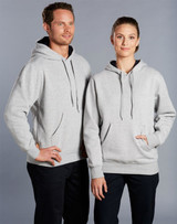 A grey fleecy hoodie with a front pocket, featuring a logo, worn by a man and a woman.