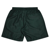A pair of dark green sports shorts with an elastic waistband and a single back pocket. Features a logo.