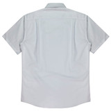A short-sleeve, button-up men's shirt in a light grey colour, featuring a plain back and a collar.