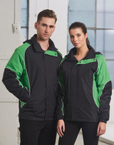 A unisex jacket in black with green accents, featuring a zip and a logo on the chest.