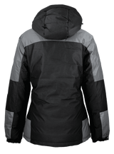 A women's jacket featuring a hood, primarily black with grey accents, showcasing a modern design.