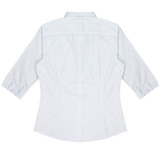 A light grey button-up shirt with 3/4 sleeves, featuring a classic collar and curved hem. It has a logo on the back.