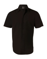 A short-sleeved men's button-up shirt in black with a neat collar and a logo on the chest.