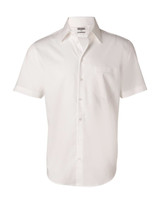 A white short-sleeve button-up shirt with a chest pocket and a collar, featuring a brand logo.