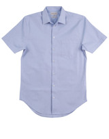 A short sleeve, button-up shirt in light blue with a pocket and a subtle logo.