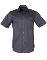 A short-sleeved, button-up men's shirt in dark grey, featuring a striped design and a chest pocket. It has a logo on the collar.