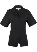 A black short-sleeve button-up shirt featuring a classic collar and five buttons down the front.