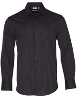 A black long sleeve button-up shirt with a dobby stripe pattern and a logo on the chest pocket.