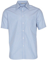 Men's short sleeve button-up shirt in blue and white stripes, featuring a chest pocket and a collar.