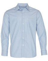 A light blue long sleeve button-up shirt featuring vertical stripes and a logo.