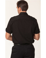 A men's short sleeve military shirt in black, featuring a button-up design and rolled sleeves. It has a logo.