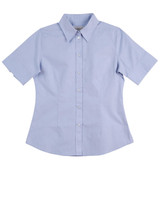 A light blue women's button-up short-sleeve shirt featuring a collar and a logo.
