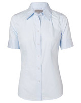 A light blue women's self-stripe short-sleeve button-up shirt with a collar and branding.