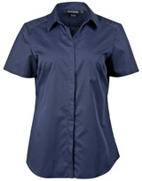 A navy blue short-sleeved button-up shirt with a collar and a logo.