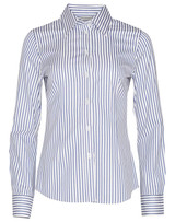 A button-up shirt featuring blue and white sateen stripes with a collared neckline and long sleeves. It has a logo on the label.