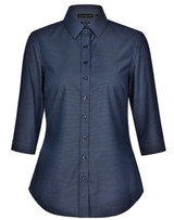 A dark blue ladies' pin dot button-up shirt with 3/4 sleeves and a collar, featuring a logo.