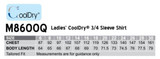 A table listing sizes and measurements for the Women's Cooldry 3/4 Sleeve Shirt, featuring a logo.