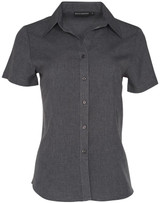 A grey short sleeve shirt with a collar, featuring a button front and a branded logo at the neck.