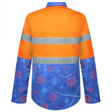 A high-visibility cotton workshirt in orange with blue patterned sleeves and reflective stripes. It features a logo.