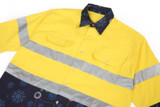 A bright yellow cotton Hawaiian shirt with reflective stripes and a patterned navy bottom section, featuring a logo.