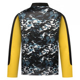 A pullover featuring a black and blue floral camouflage pattern with yellow sleeves. It has a collar and long sleeves.