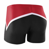 A pair of athletic shorts featuring a red, white, and black design, with a sleek fit. It has a logo.