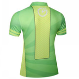 A bright green short-sleeve uniform top with a patterned back and a logo. It features yellow stripes on the shoulders.