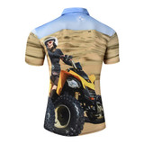 A short-sleeved polo shirt featuring an off-road vehicle design in earthy tones with a blue collar and a logo.