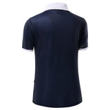 A navy blue polo shirt with a white collar and short sleeves, featuring a logo on the back.