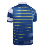 A blue and white polo shirt featuring yellow stripes and a logo. The shirt is made from ultra mesh fabric.