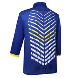 A blue sublimation polo featuring a white and yellow patterned design on the back, with branding details.