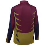 A long-sleeved polo shirt featuring a maroon, navy, and yellow design. It has a collar and a modern pattern on the back.