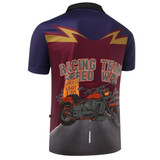 A short-sleeved motorcycle apparel shirt in purple and burgundy featuring racing graphics and a logo.