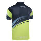 A polo shirt in black and vibrant green with a modern design and a logo on the back.