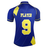 A blue polo shirt with yellow accents and a large "9" on the back, featuring a logo.