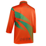 An orange and green long-sleeve polo shirt with a logo and dynamic design elements on the back.