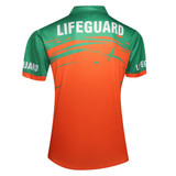 A vibrant orange and green polo shirt featuring a logo on the front and back.