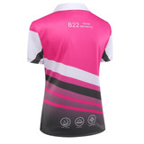 A women's polo shirt in pink, grey, and white with a stylish striped design and a logo on the back.