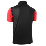 A drink bottle with a black body and red sleeves, featuring a collar and a logo on the back.