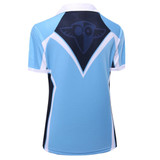 A light blue polo shirt with a black design on the back and white accents. It features a logo.