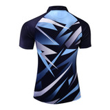 A polo shirt in blue and navy with a striking abstract design. The back features a logo.