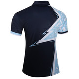 A dark blue polo shirt featuring a geometric design in light blue on the back, with a logo present.