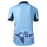 A sublimated cotton shirt in light blue with dark accents and an owl graphic on the back. It features a branded logo.